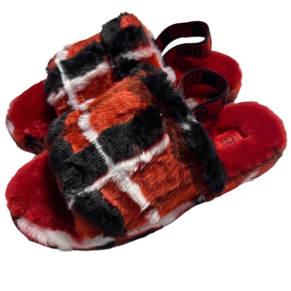 NEW! 🆕 UGG Fluff Yeah Slide Backstrap Slippers 1131630K Plaid Punk Red Slides